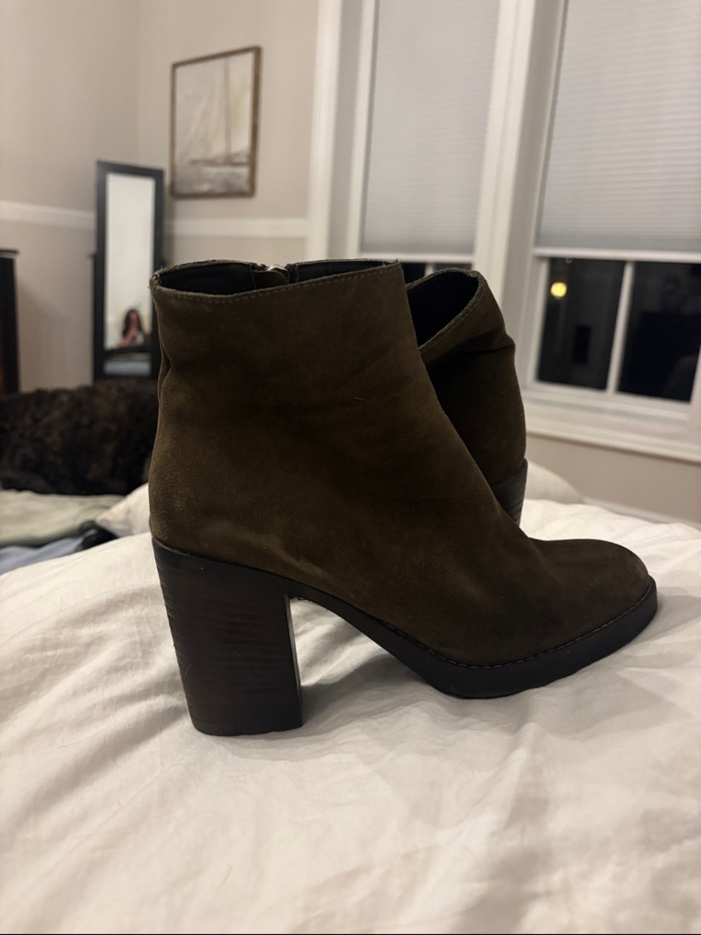 Women's Olive Suede Ankle Boots - Classic Block Heel